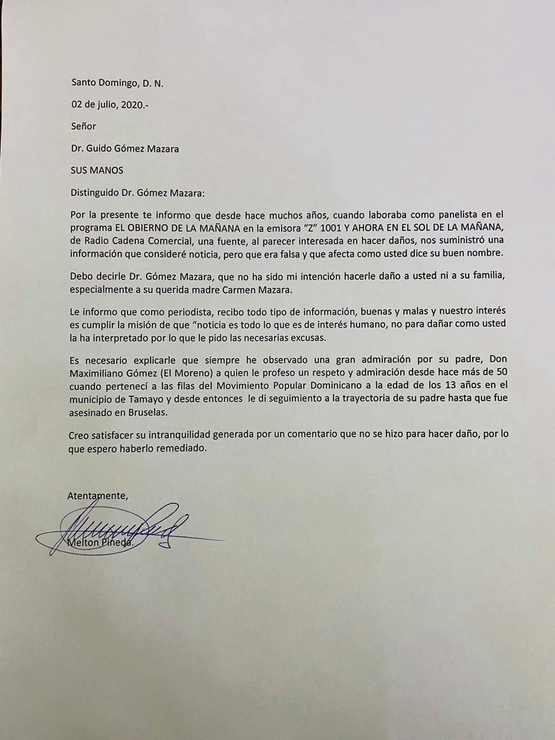 Melton Pineda pide excusas a Guido Gómez Mazar