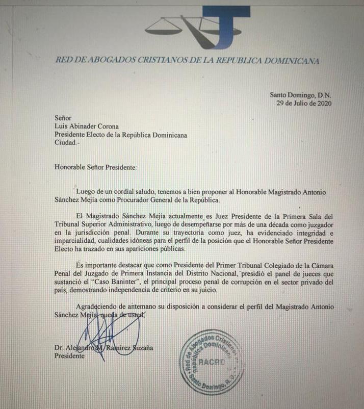 Red de Abogados Cristiano proponen a Sánchez Mejía para Procurador