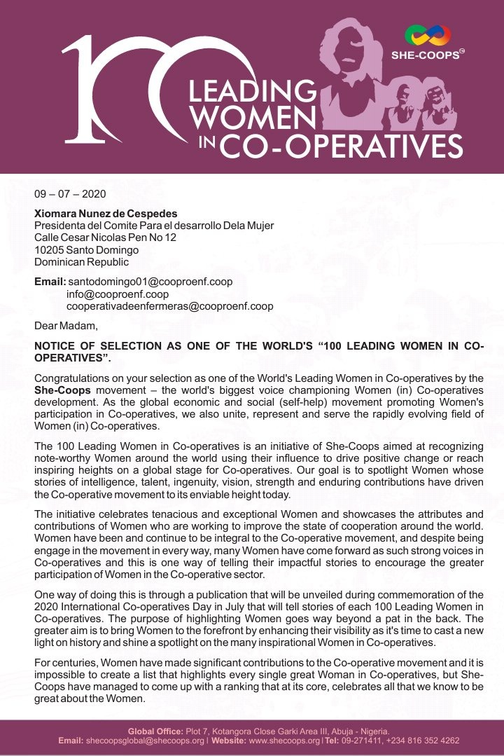 Carta de la organizacion She-coop.org comunica la eleccion de Xiomara Nunez de Cespedes como una de las 100 liderezas cooperativas mundiales 2020.