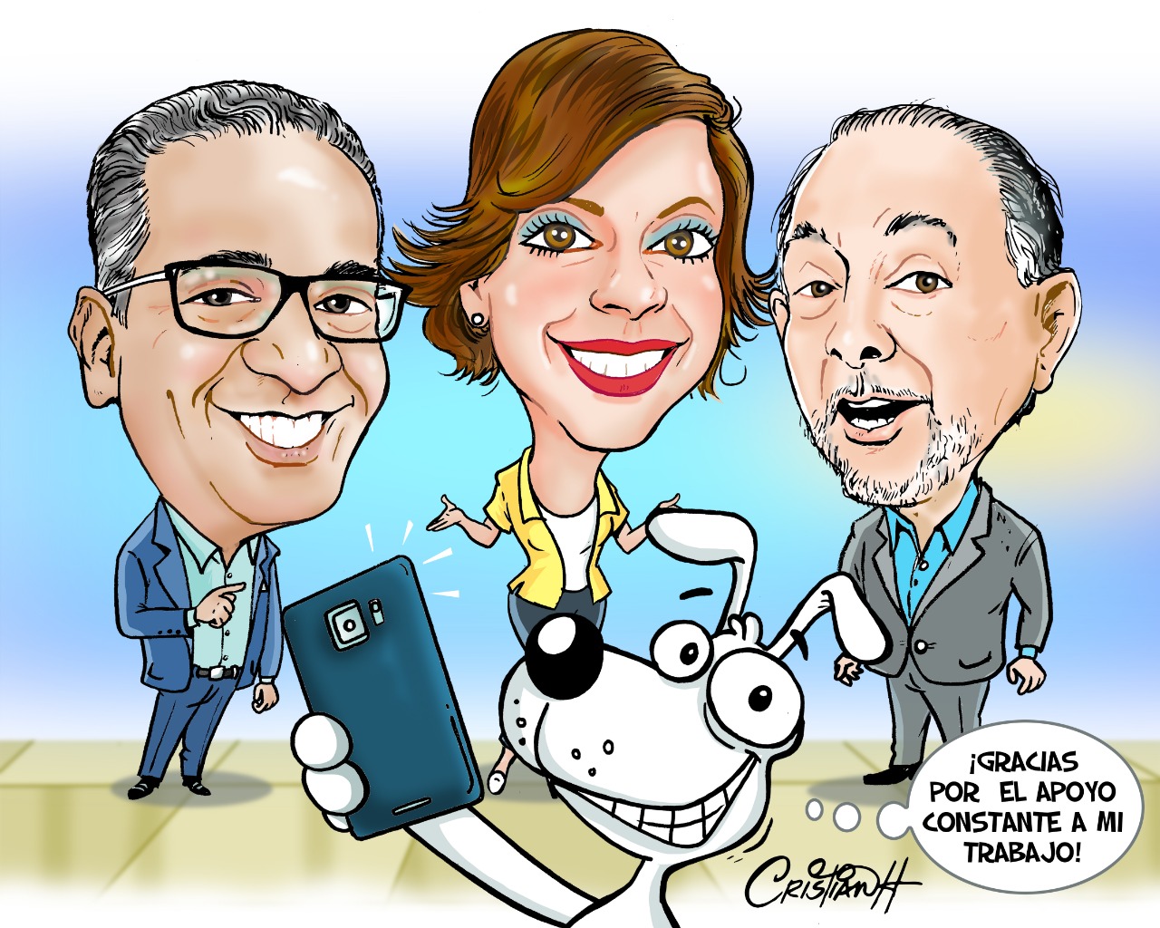 Javier Cabreja, Amelia Deschamps y Huchi Lora. Cariatura de Cristian Hernández.