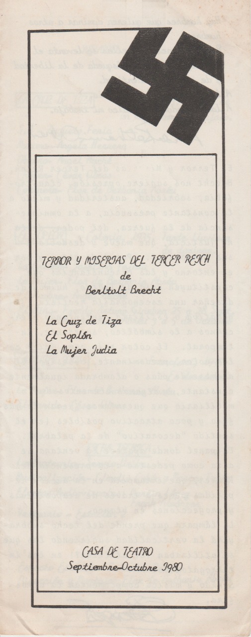 Portada programa de mano de la obra Terror y miseria del tercer Reich de Bertolt Brecht. Dirigida por Flor de Bethania Abréu y presentada en Casa de Teatro en 1980. Archivo Canek Denis.