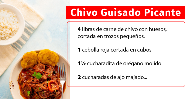 Gráfico ©Edgar Hernández/acento.com.do / <a href='https://www.cocinadominicana.com/498/chivo-picante'>Receta completa de la chef <strong>Clara González (Tía Clara)</strong></a>